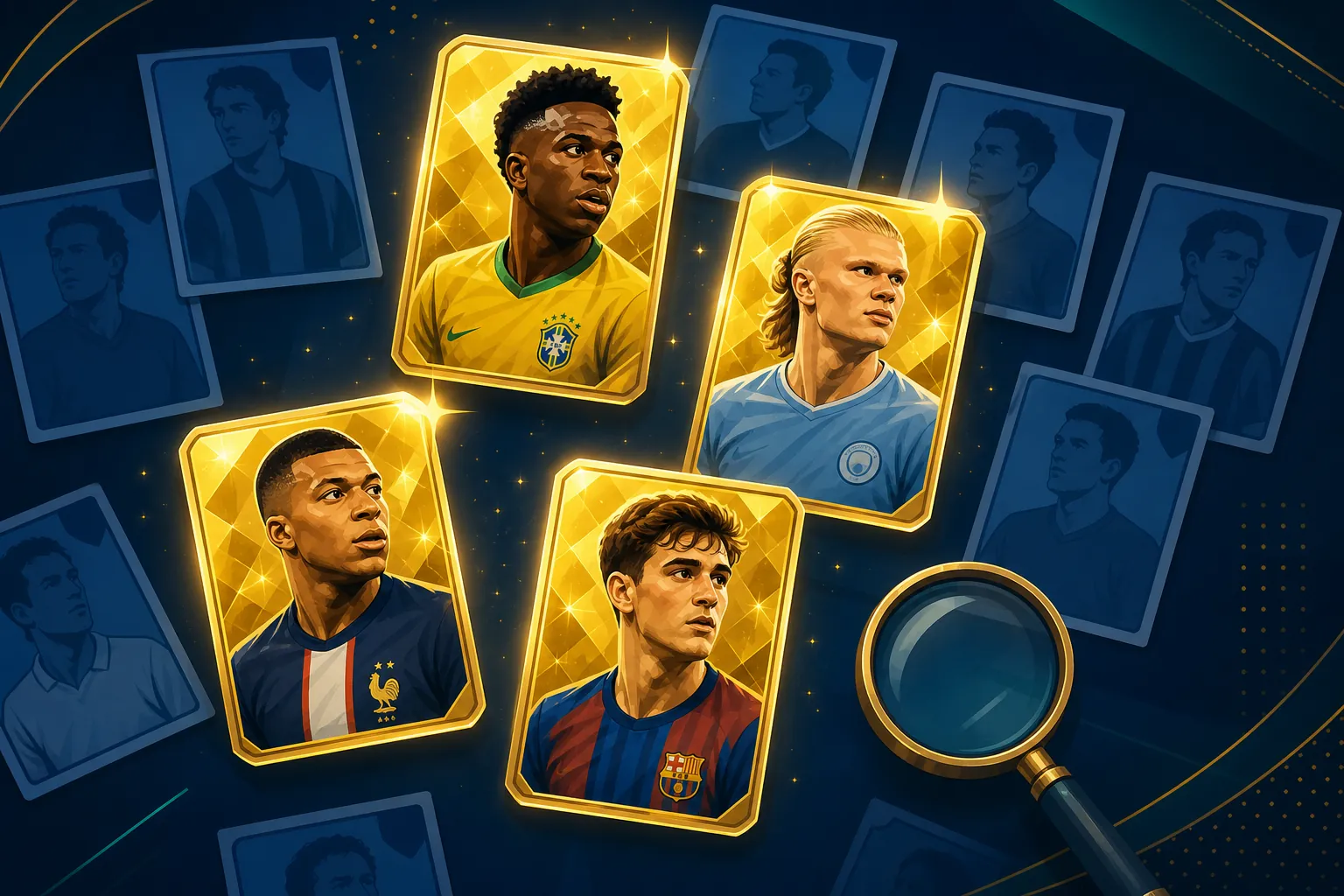 Glowing golden foil World Cup 2026 Panini player stickers standing out among ordinary blue stickers, with a magnifying glass.